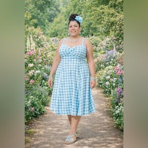 Midi Poplin Sweetheart Shirred Vintage Gingham Dress